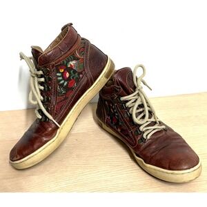 INKKAS Women's Brown Leather Floral Embroidered High Top Sneakers Size 8